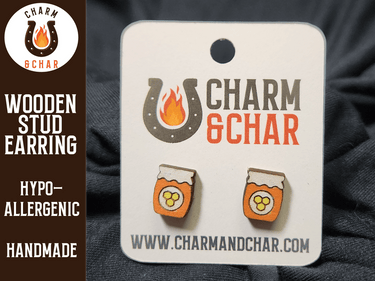 Honey Jar Wood Stud Earrings - Beekeeper Fashion Earring - Stud Earring - Charm and Char